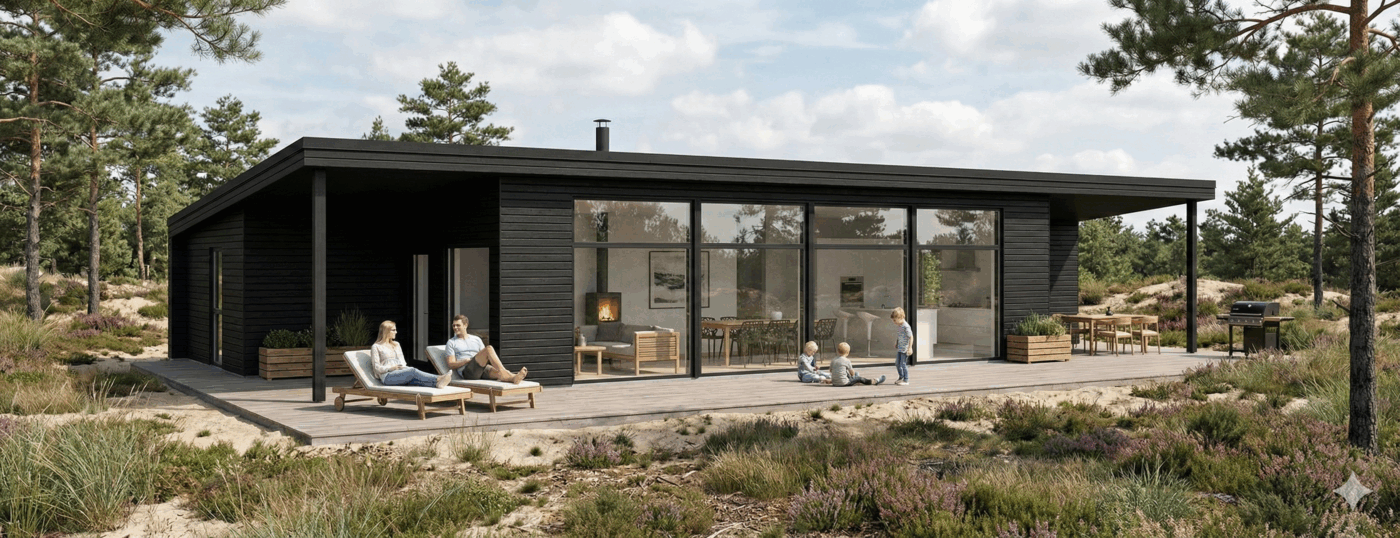 Moderne sort sommerhus med træterrasse og stor glasfacade, omgivet af lyng og fyrretræer. Familie nyder udendørslivet.